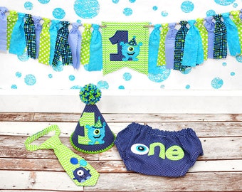 Little Monster Cake Smash Outfit - Little Guy Tie, Diaper Cover, Hat - Blue, Lime, Aqua Birthday - Banner Sold SEPARATELY