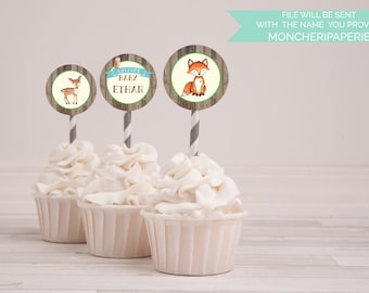 Woodland Baby Boy Blue Cupcake Topper / Woodland Baby Shower / Personalized Cupcake Topper / Baby Shower Decor / Baby Shower Cupcake