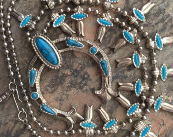 Indian Princess Faux Turquoise Squash Blossom Necklace 28" signed 1960s HMS Madeira Creations bohemian hippie boho naja necklace