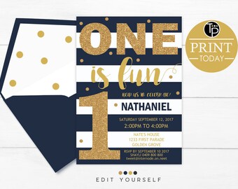 BOY 1st Birthday INVITATION, Instant Download, Navy Gold 1st Birthday Invitation, Boy First Birthday Invitation, Navy Stripes Boy Invitation