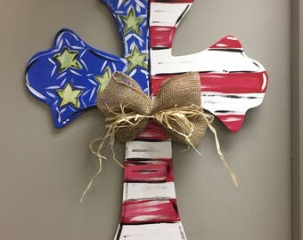 Patriotic Door Hanger, 4th of July, Patriotic Decor, Memorial Day Door Hanger, Cross Door Hanger