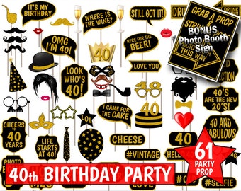 40th Birthday Party Printable Photo Booth Props. Black and Gold Glitter. Photobooth Selfies, Speech, Glasses, Hats, Ties, Lips, Mustaches.