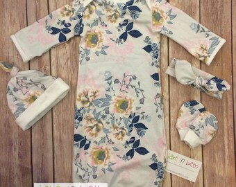 Baby gown, knot hat, and no scratch mittens, newborn set, girl baby, pale gray floral