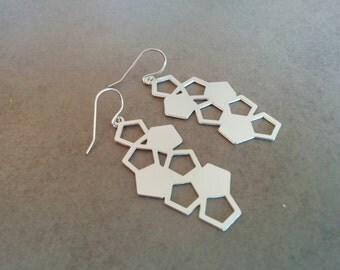 Silver Earrings, Sterling Silver, Dangle Earrings, Gift For Her, Geometric Earrings, Honeycom Earrings, Silver Jewelry, Long Silver Earrings