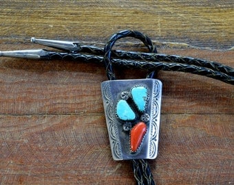 Vintage Navajo Turquoise and Coral Sterling Silver Bolo Tie