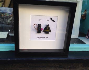 Batman & Catwoman Personalised lego replica frame, The Bat and The Cat great girlfriend or boyfriend couples gift anniversary, or birthday