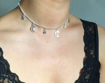 Moon and Star Choker / Moon Choker, Star Choker, Silver Moon Choker, Silver Star Choker, Moon and Star Necklace, Layering Necklace, Choker