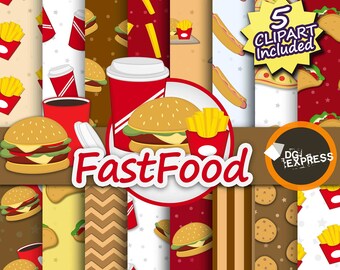 Fastfood Clipart + Digital Paper : "Fastfood Paper"- Fastfood Clipart, burger Clipart, soft drink clipart, tacos clipart
