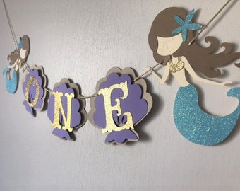 Under the Sea Mermaid I AM ONE Highchair Banner, Purple and Teal Mermaid Banner, First Birthday Highchair Banner, Age Banner