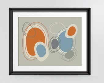 Mid Century Modern Overlapping Oval Shapes design in warm greys, orange and blue 8"x10" Instant Download