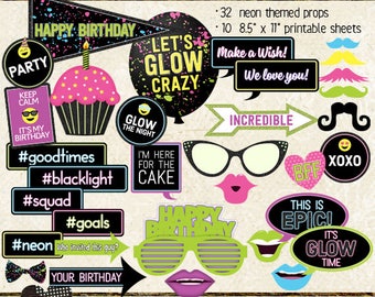 Photo Booth Props, NEON BIRTHDAY, girl, boy, all ages, birthday party, glow, black light, printable sheets, instant download, diy