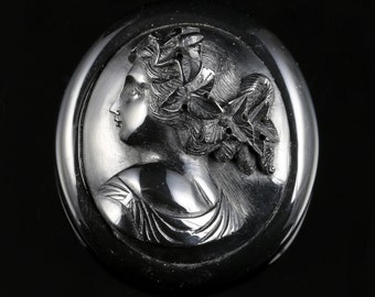 Victorian Elegant Jet Cameo Brooch Circa 1880