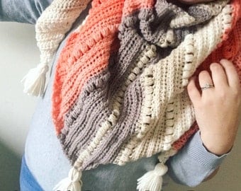 Crochet Scarf PATTERN- Triangle Scarf- Cowl- Shawl- Oversized scarf- Big scarf-Sawyer Scarf- Crochet triangle scarf- Scarf with tassels- Coz