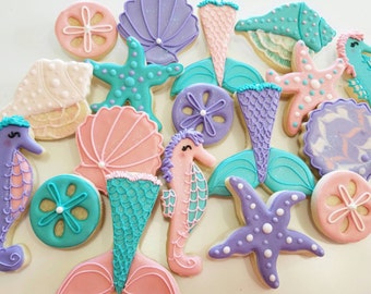 Seashell cookies, mermaid cookies, mermaid party, sandollar,starfish cookie,under the sea,mermaid fin, sugar cookie, girls party,party favor