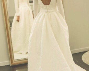 Ivory embossed wedding gown / quilt wedding dress / long sleeves bridal gown / winter wedding dress /
