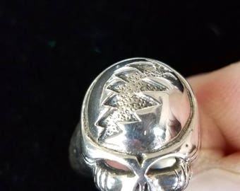 Hand Made Sterling Silver Grateful Dead Skull with Lightning Bolt Stealie Ring Dead & Company Phish