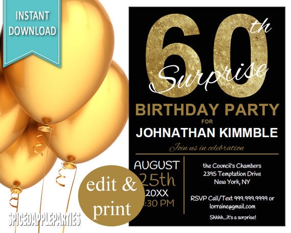 60th Surprise Birthday Invitation | 60th Birthday Invite, Suprise 60th, 60th Birthday for men, Gold and Black Invite, Instant Download Il_570xn