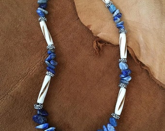 Handmade Mens Genuine Blue Lapis Lazuli Stone Carved Bovine Bone Native American Inspired Beaded Necklace Jewelry