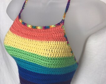 Rainbow Halter, Multicolor Crochet Crop Top, Handmade Shirt, Featival Wear, Boho Fashion, Orange Yellow Green Blue Purple Tank