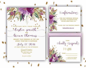 Floral Wedding Invitation Printable Wedding Invitation Suite Purple and Gold Wedding Invite Wedding Invite Gold Wedding Invite DIY