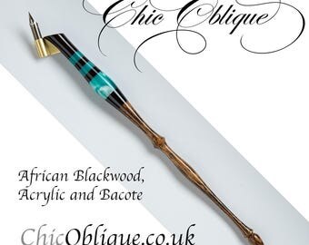 Oblique Pen Holder, African Blackwood with three stripes of Acrylic and a Bacote Wood Tail