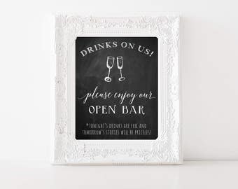 Open Bar Sign, Printable Wedding Sign, Bar Art, Wedding Sign, Free Drinks, Bar Decor, Wedding Printable, Wedding Decoration, Chalkboard Sign