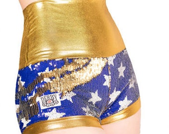 NEW LINED Derby Kiss High Waist Color changing sequin mermaid Wonder Women Stars /Gold roller derby rave festival shorts