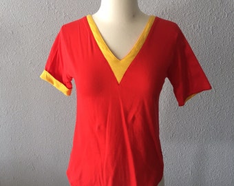 1970's Bloomingdale's Red and Yellow Blouse Vintage 70's Chevron Red Top