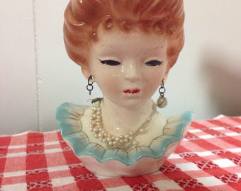 Lady Head Vase Vintage Antique Cottage Chic Pearl Earrings Beaded Necklace Unmarked Victorian