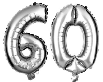 60 Number Balloons, 60th Birthday Party Balloons, 60 Balloon Numbers, 60 Party Supplies, 60th Birthday Decorations, Decor, 16 Inch Silver