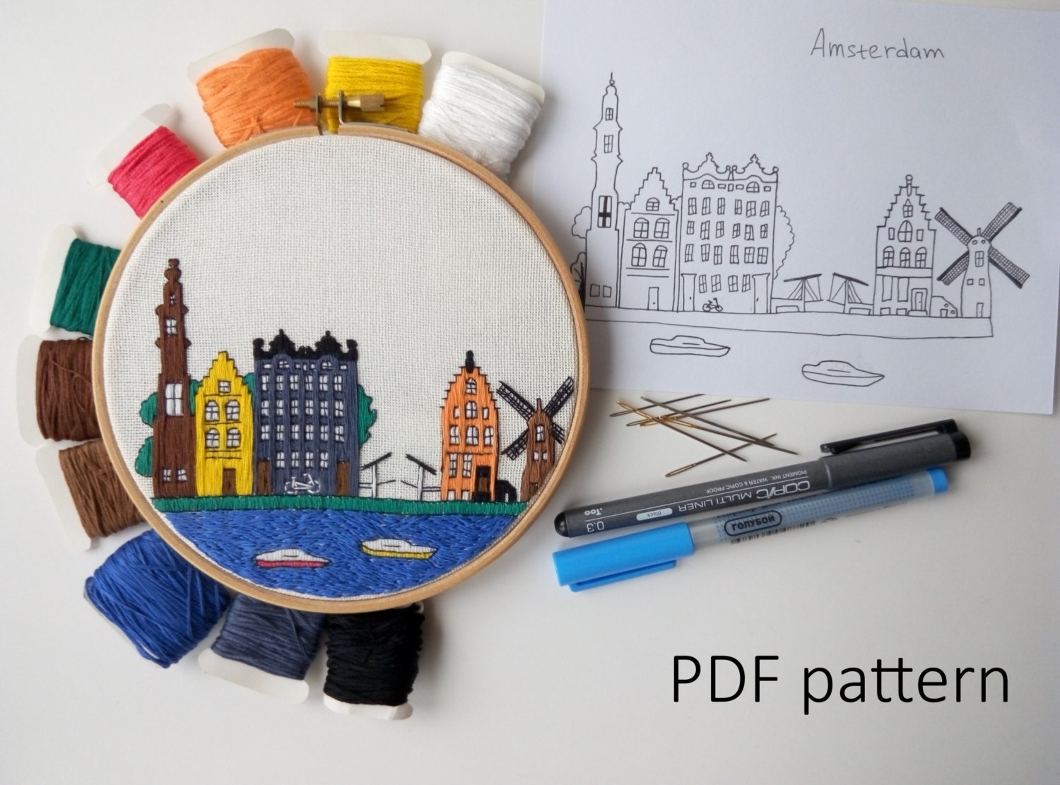 Amsterdam Hand Embroidery pattern PDF.Embroidery Hoop art