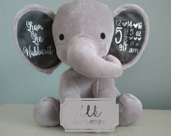 Personalized Stuffed Elephant, Baby Stuffed Animal, Baby Stats, Birth Announcement, Stuffed Elephanti, Nursery Decor, Baby Gift
