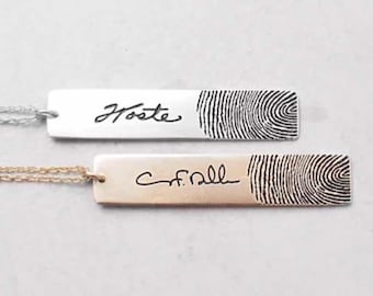 20% OFF :Actual Fingerprints Bar Necklace, Personal Handwriting Engraved-925 sterling silver with gold plated