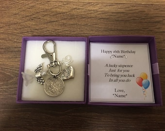Personalised 16th birthday gift lucky sixpence keyring handbag charm -choice of charms - gift for her
