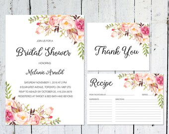Bridal Shower Invitation, Boho Bridal Shower Invitation, Bridal Shower Printable, Thank You Cards, Recipe Card, Bridal Shower Kit