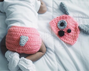 Crochet Puppy Baby Beanie and Diaper Cover Set- Newborn