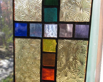 4"x5" rainbow colors block cross, stained glass suncatcher, gold starburst with multi colored blocks