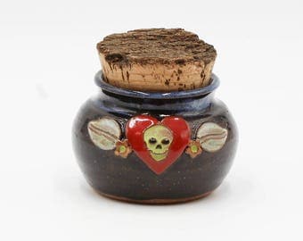 Skull & Heart Stash Jar | Stash Jar | Herb Jar | Cork Jar | Pottery | Ceramic | Stoneware | Pottery Cork Jar | Ceramic Cork Jar