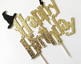 Gold Glitter "Happy Birthday" Harry Potter Themed Party Cake Topper // Fun Birthday Party, Bday, Girls, Boys, Muggle Wizard Party Prop
