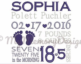 Items similar to Custom Birth Announcement Embroidery Design - 3 ...