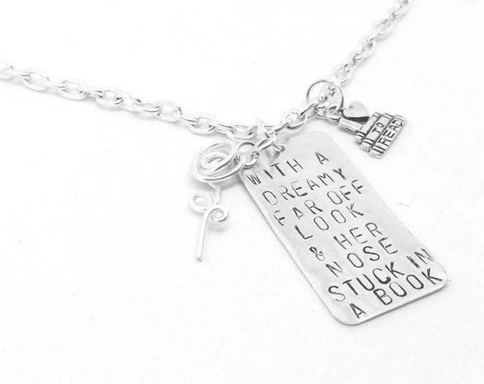 And Her Nose Stuck in a Book Hand Stamped Necklace, Beauty and the Beast Jewelry, Book Charm Necklace, Unique Birthday Gift, N009