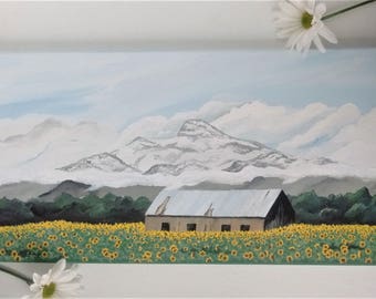 Heart Mountain Painting, Sunflower art, original acrylic art on canvas, 10 x 20 wall art, wall decor, mountain in snow