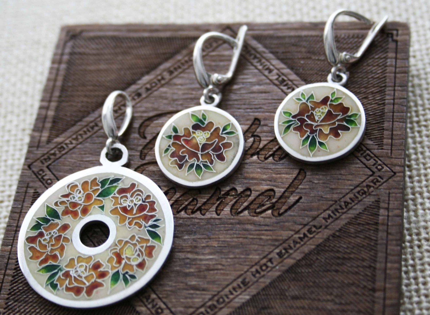 Silver cloisonne enamel jewelry set Flowers Hot enamel