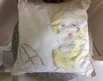 REDUCED! Art Deco 1920's Flapper Pillow, Embroidery and Painted, Driving Auto