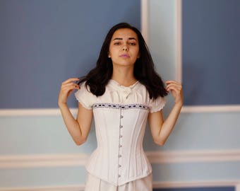 Corset - White Victorian Corset with Blue Lace