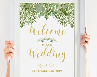 WELCOME To Our Wedding Printable, Greenery Wedding Decor, Digital Download, Personalized Wedding Sign, Gold Wedding Calligraphy #IDWS604_34C