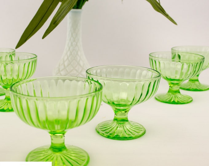 Green Depression Glass | Uranium Glass | Dessert Dishes | Glass Sherbet Side Dishes