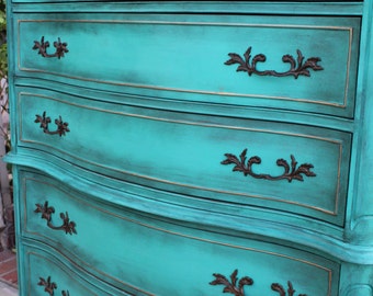 SOLD-Vintage French provincial highboy dresser / chest of drawers turquoise / teal / green - shabby chic