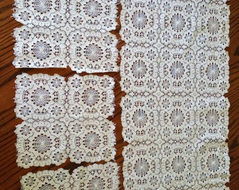 SALE CROCHETED LACE 4Pc Vintage Crochet Lace Table Runner and Doilies Vintage Linens Shabby & Chic Victorian Linens Antique Lace