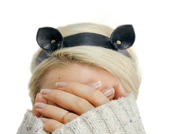 Kitten ears headband / Kitten ears / Cat ears headband / Black cat ears / kawaii headband / leather headband / leather tie back headband